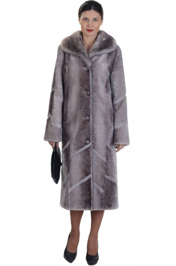 Мутоновая шуба цвета светлый енот с воротником из норки